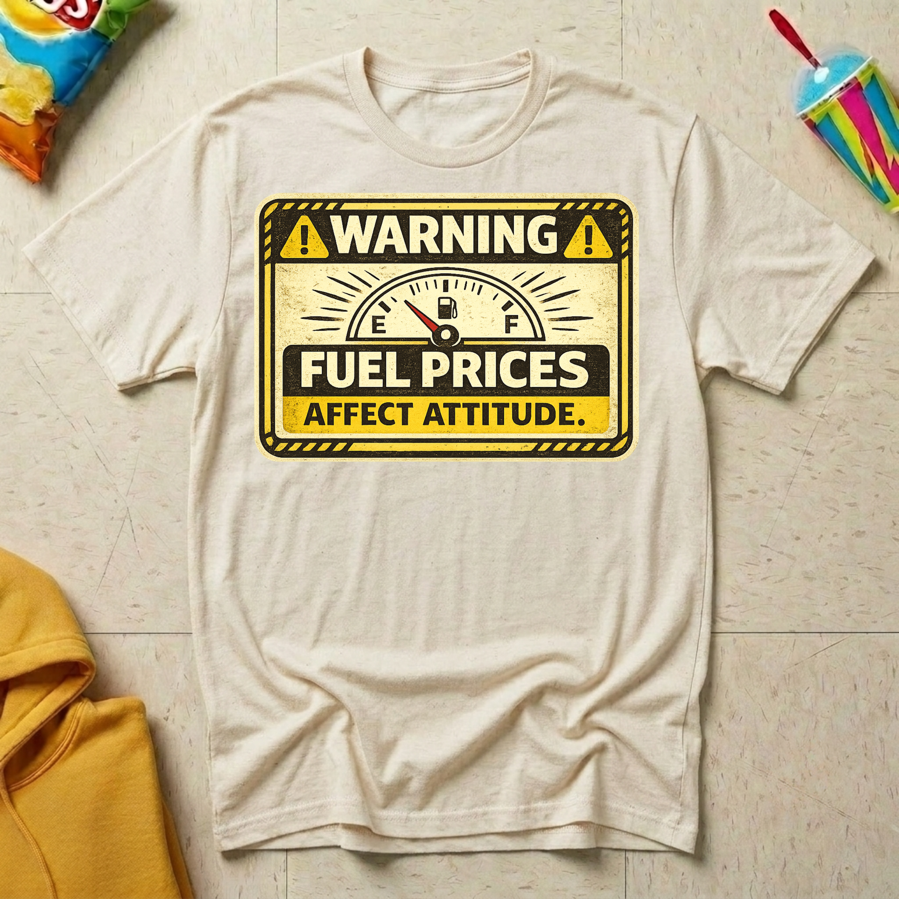Warning: Fuel Prices Affect Attitude T-shirt by The Riverstone Life on a natural Gildan Softstyle 64000 featuring a vintage fuel gauge and humorous gas price design.