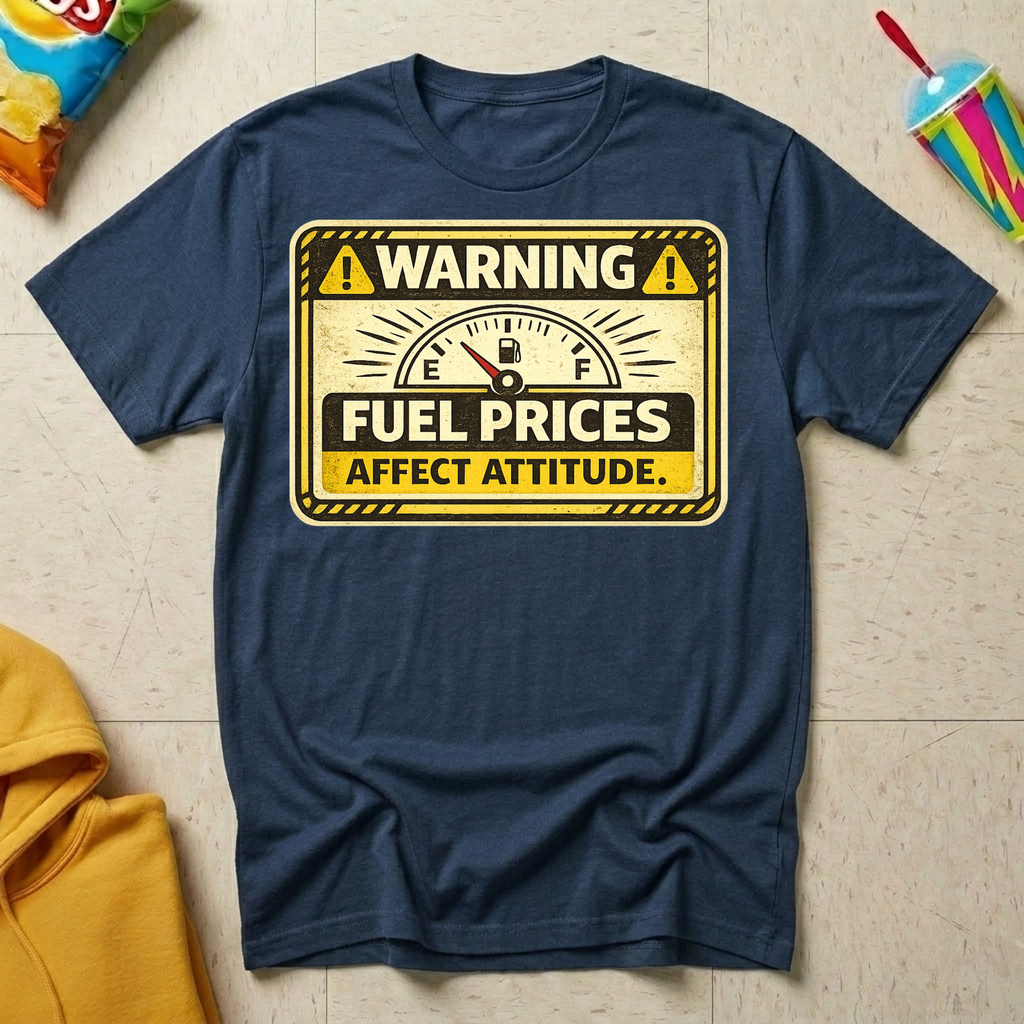 Warning: Fuel Prices Affect Attitude T-shirt by The Riverstone Life on a navy Gildan Softstyle 64000 featuring a vintage fuel gauge and humorous gas price design.