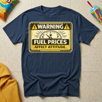 Warning: Fuel Prices Affect Attitude T-shirt by The Riverstone Life on a navy Gildan Softstyle 64000 featuring a vintage fuel gauge and humorous gas price design.