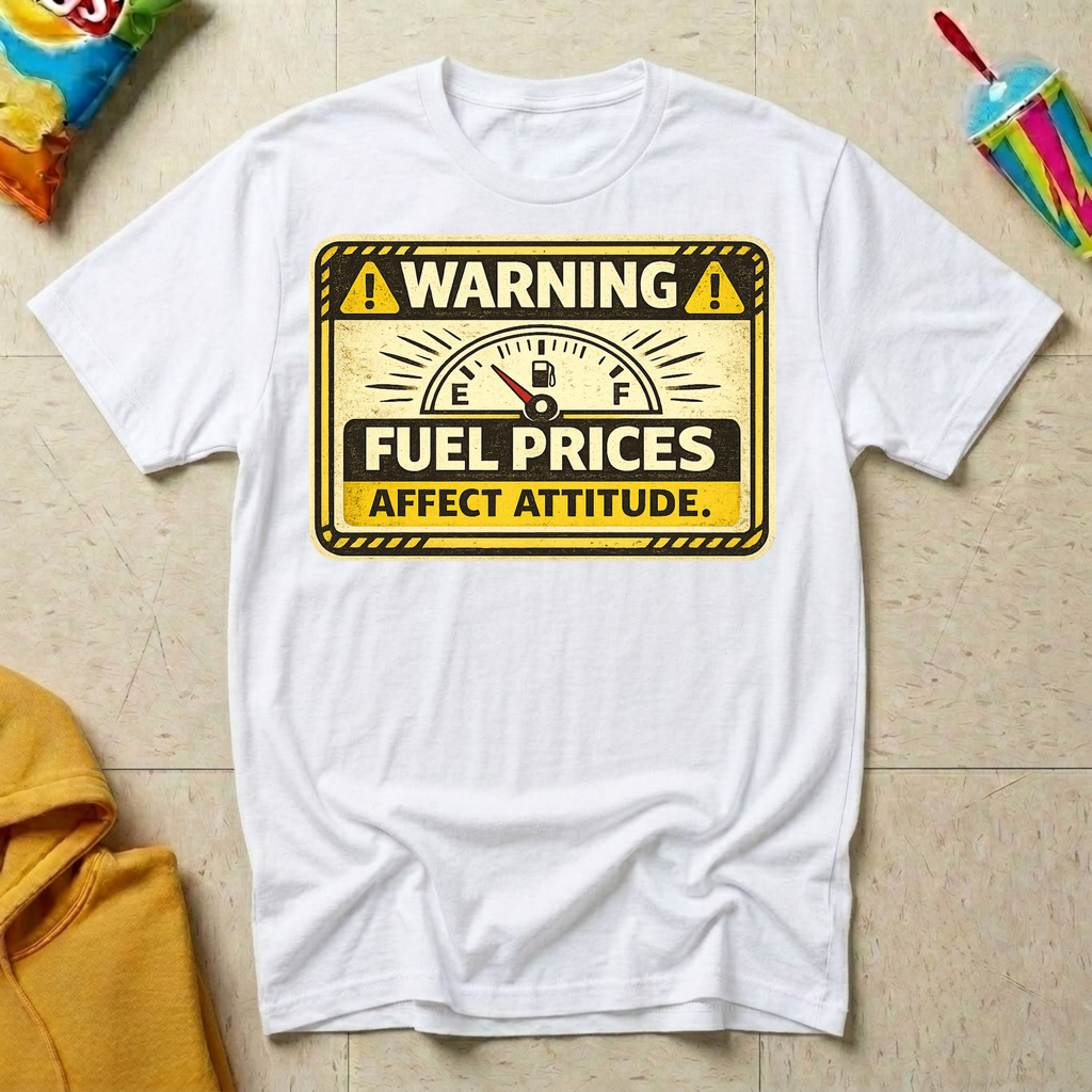 Warning: Fuel Prices Affect Attitude T-shirt by The Riverstone Life on a white Gildan Softstyle 64000 featuring a vintage fuel gauge and humorous gas price design.