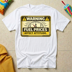 Warning: Fuel Prices Affect Attitude T-shirt by The Riverstone Life on a white Gildan Softstyle 64000 featuring a vintage fuel gauge and humorous gas price design.