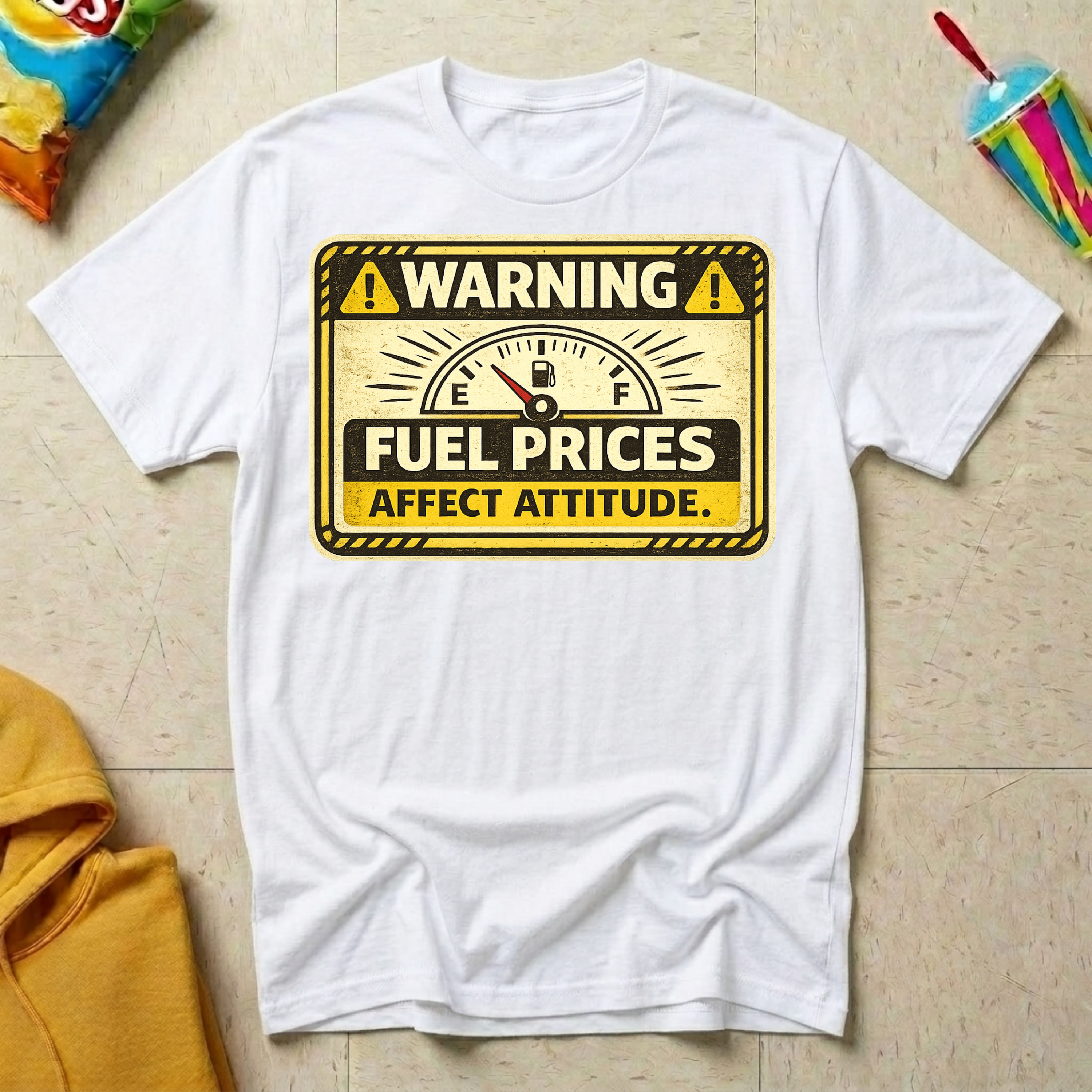 Warning: Fuel Prices Affect Attitude T-shirt by The Riverstone Life on a white Gildan Softstyle 64000 featuring a vintage fuel gauge and humorous gas price design.