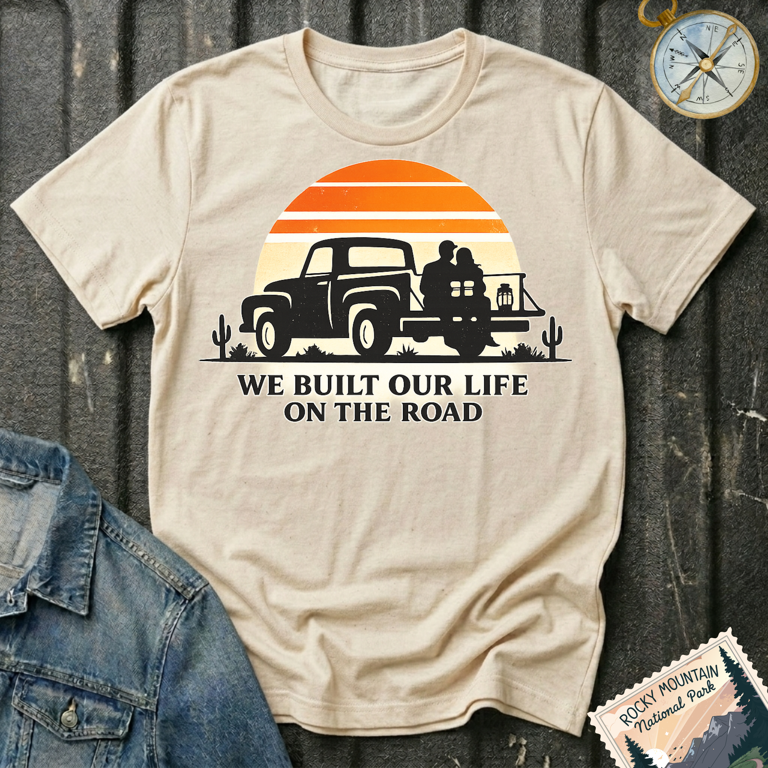 We Built Our Life on the Road T-shirt by The Riverstone Life on a natural Gildan Softstyle 64000 featuring a vintage pickup truck, couple, retro sunset inspired by RV life and adventure.