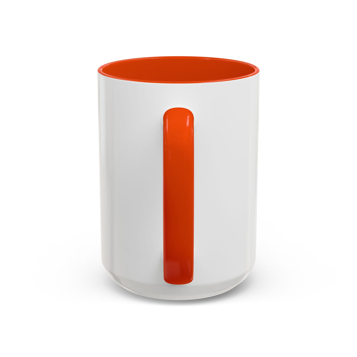 White cup with a orange interior and handle on a white background