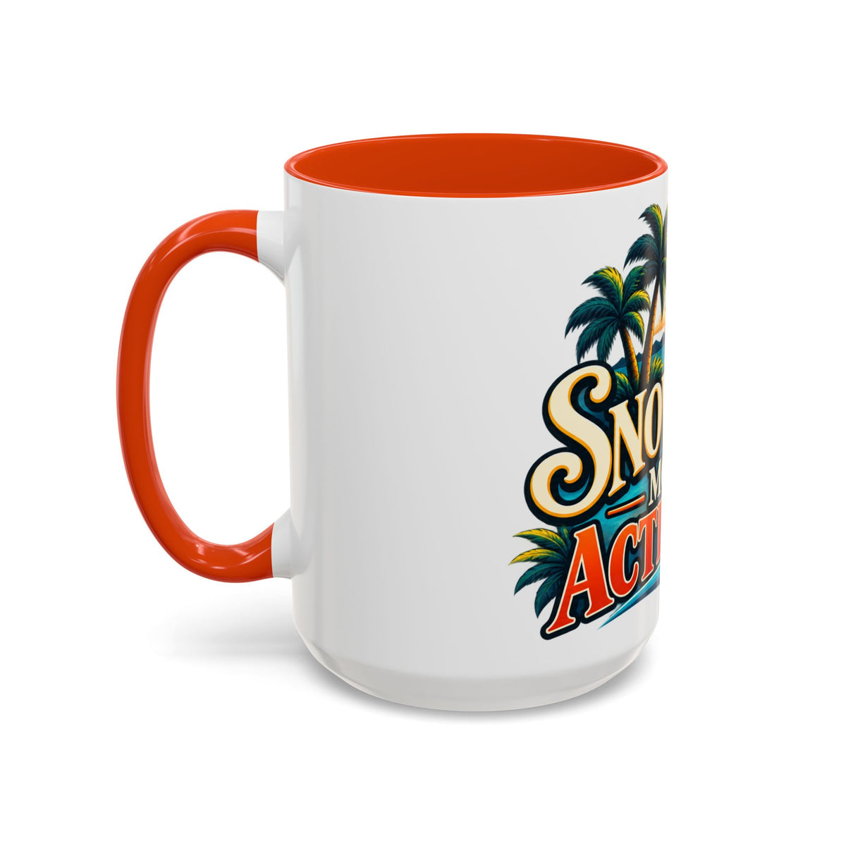 A white ceramic mug with a bright orange handle and interior, featuring a tropical graphic with palm trees and stylized text reading 'Snow Acti.