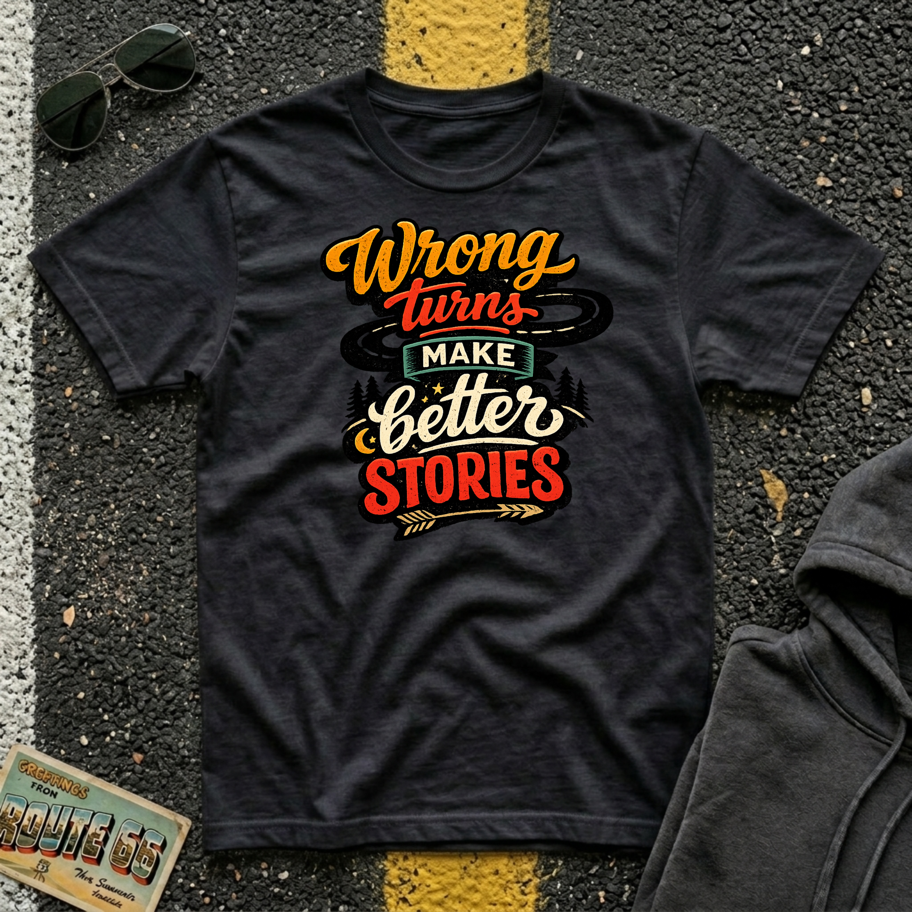 Wrong Turns Make Better Stories T-shirt by The Riverstone Life, a Gildan Softstyle 64000 black color featuring a colorful road and winding highway design for road trip enthusiasts and adventurous travelers.