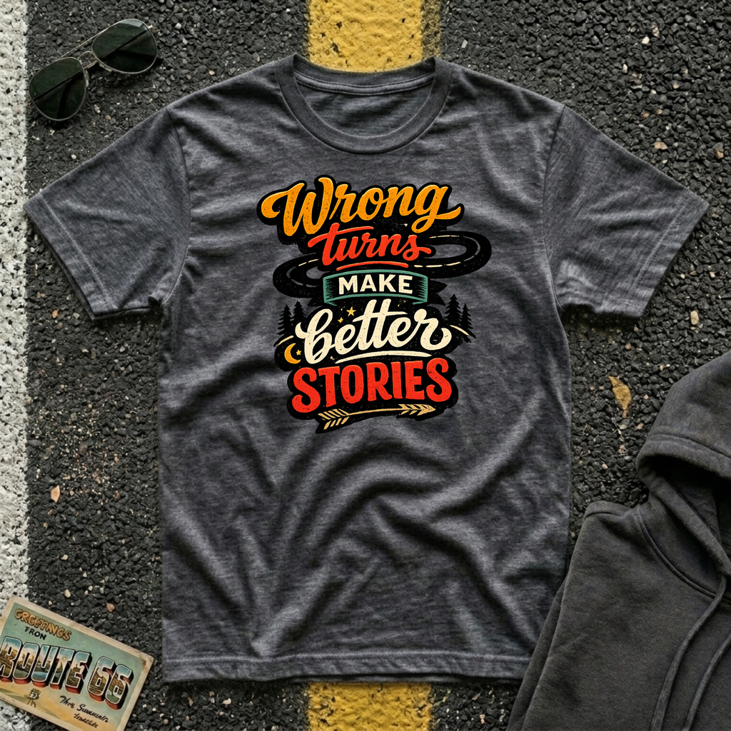 Wrong Turns Make Better Stories T-shirt by The Riverstone Life, a Gildan Softstyle 64000 dark heather color featuring a colorful road and winding highway design for road trip enthusiasts and adventurous travelers.