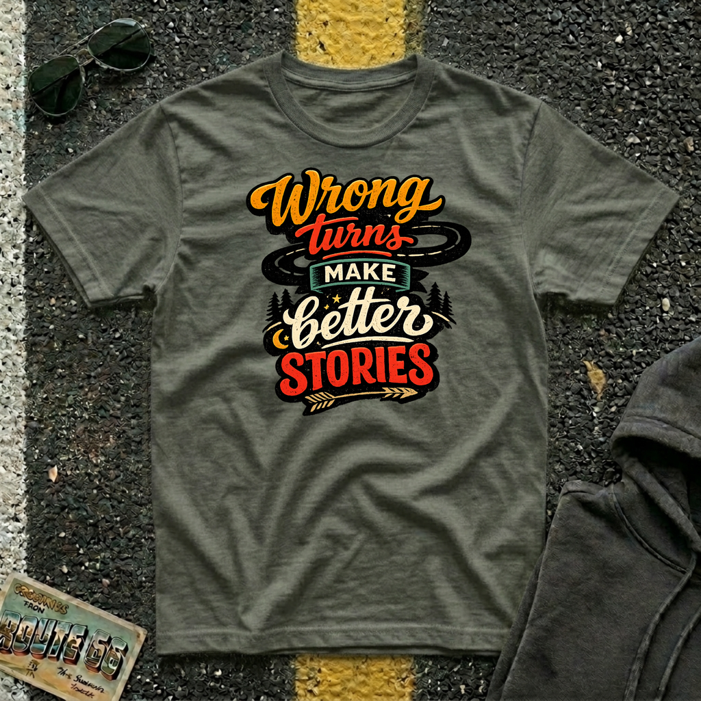 Wrong Turns Make Better Stories T-shirt by The Riverstone Life, a Gildan Softstyle 64000 military green color featuring a colorful road and winding highway design for road trip enthusiasts and adventurous travelers.