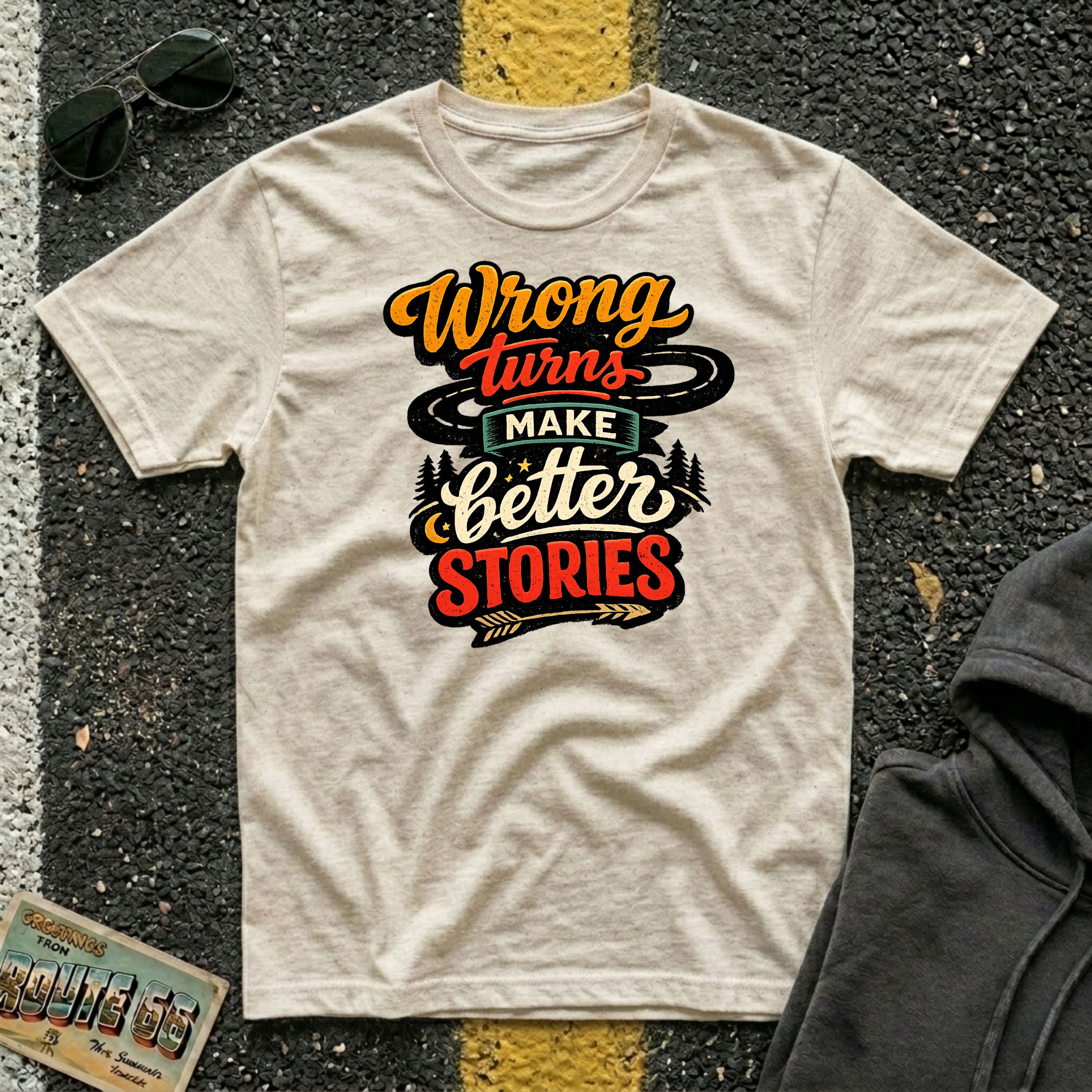 Wrong Turns Make Better Stories T-shirt by The Riverstone Life, a Gildan Softstyle 64000 natural color featuring a colorful road and winding highway design for road trip enthusiasts and adventurous travelers.