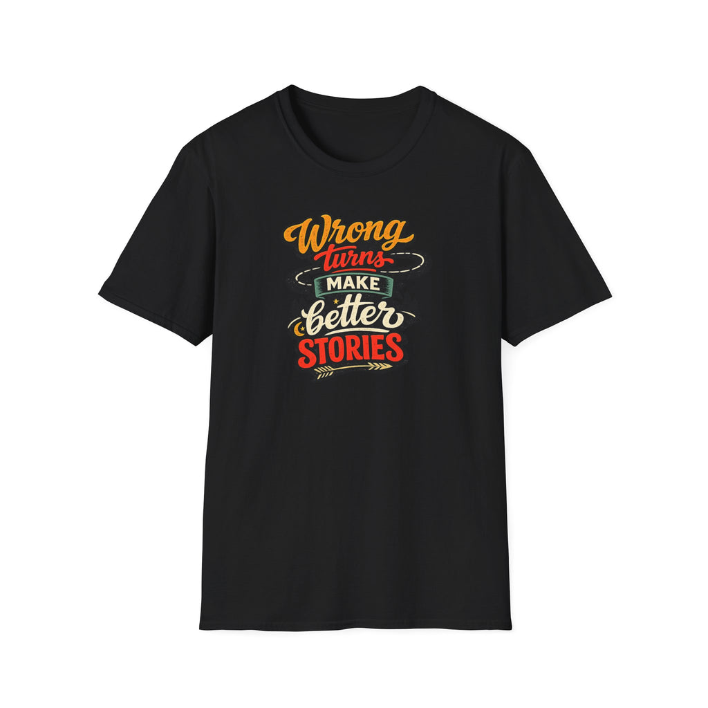 Black colored road trip t-shirt featuring the phrase "Wrong Turns Make Better Stories" in a colorful vintage-style design on a white board.