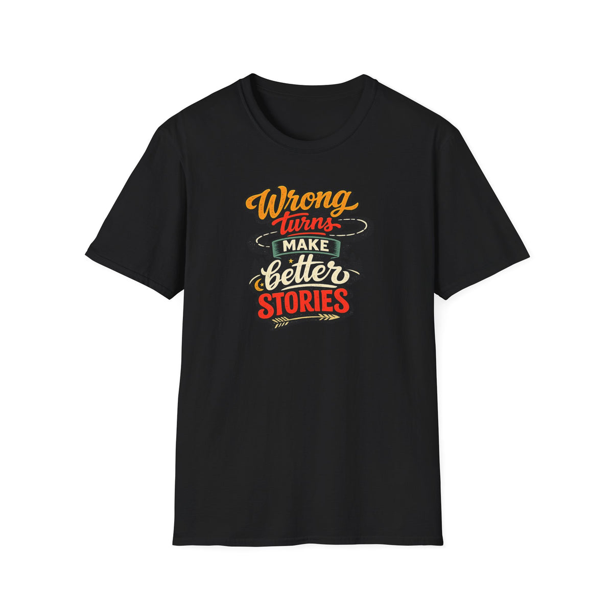 Black colored road trip t-shirt featuring the phrase "Wrong Turns Make Better Stories" in a colorful vintage-style design on a white board.